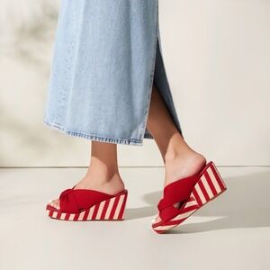 Vivaia Red & White Striped Knot Wedge Platform Sandals‎ Slides EU/39.5 US/8.5